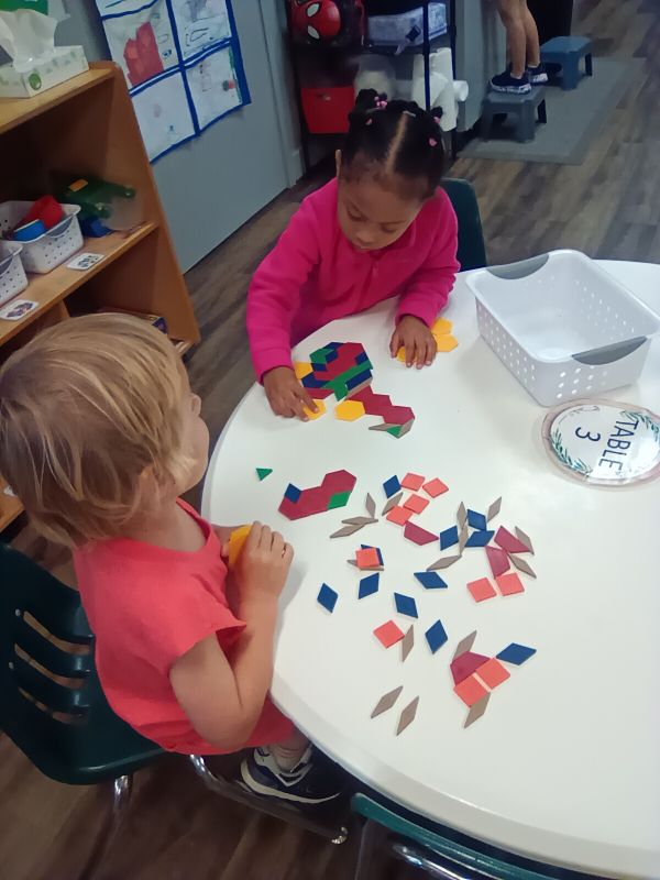 Two children making pictures from coloured pattern blocks