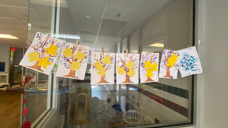 Children’s tree paintings pegged along a line across a window